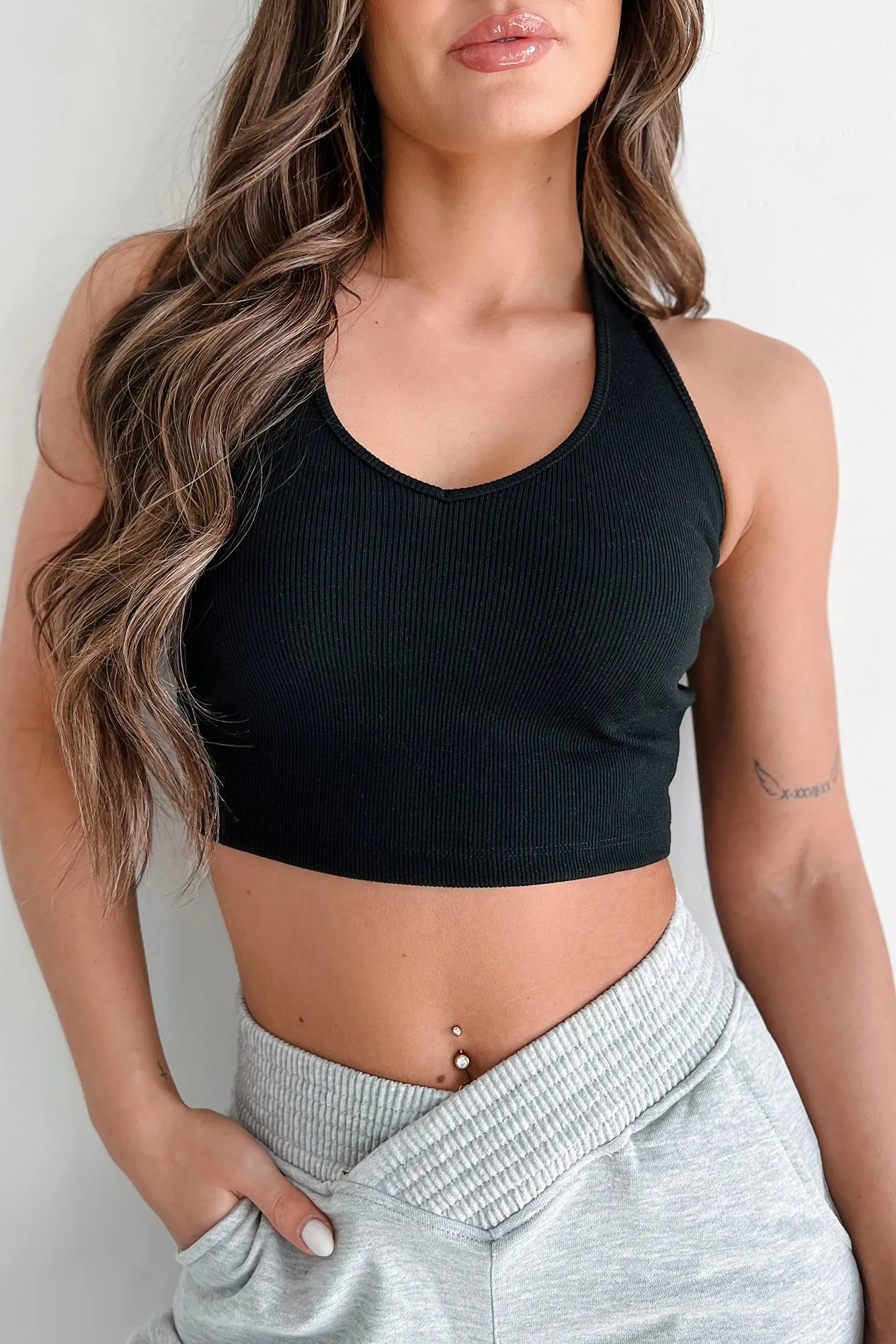 Alive & Well Ribbed Halter Crop Top (Black)