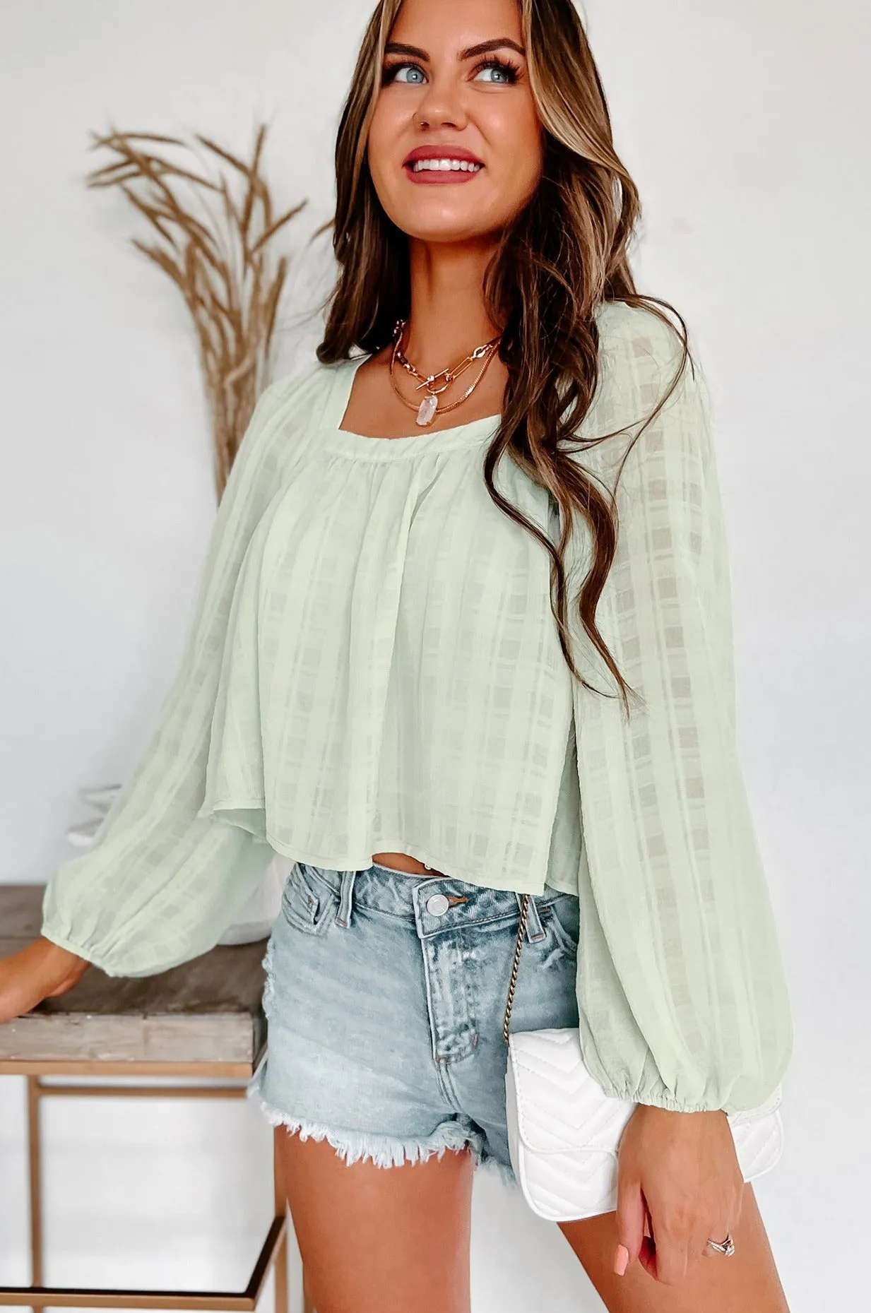 All In Time Textured Square Neck Top (Light Green)