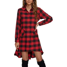 Amy Fashion - Christmas Plaids V Neck Long Sleeve Irregular Hem Dress