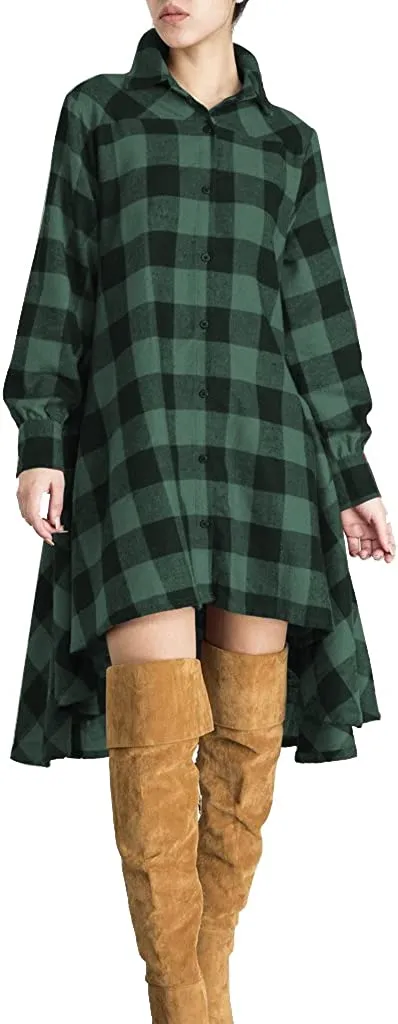 Amy Fashion - Christmas Plaids V Neck Long Sleeve Irregular Hem Dress