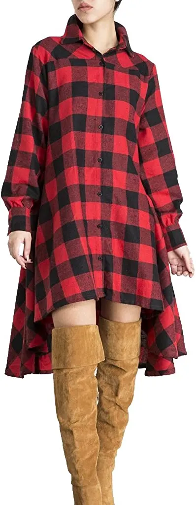 Amy Fashion - Christmas Plaids V Neck Long Sleeve Irregular Hem Dress