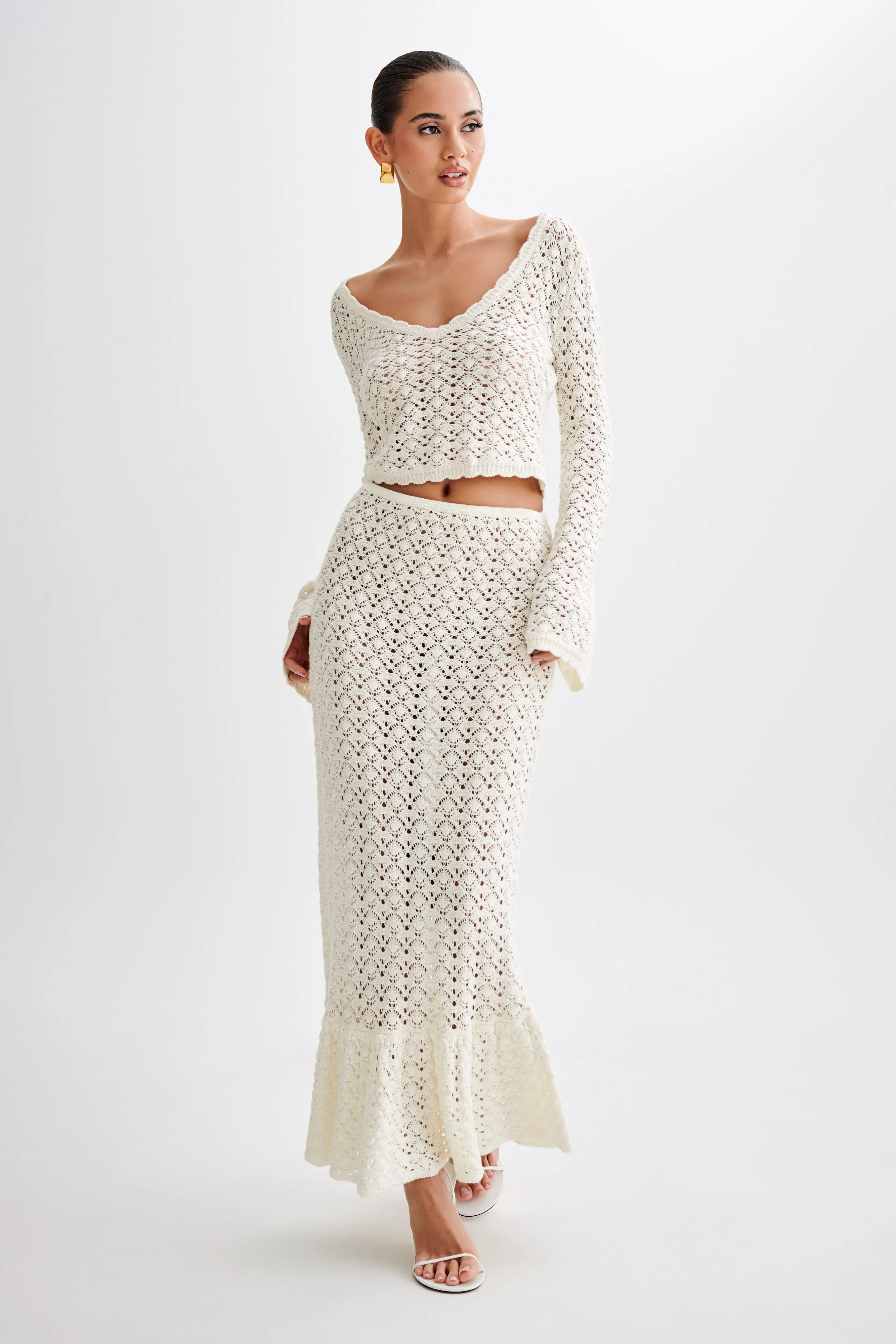 Anais Frill Knit Midi Skirt - Ivory