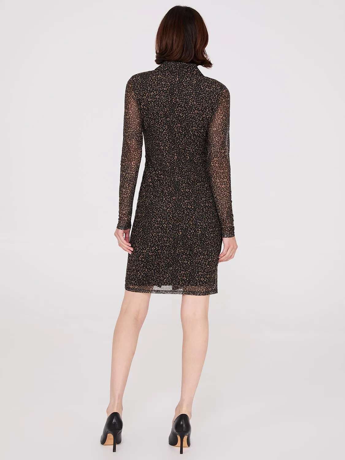 Animal Print Button-Front Gathered Mesh Dress