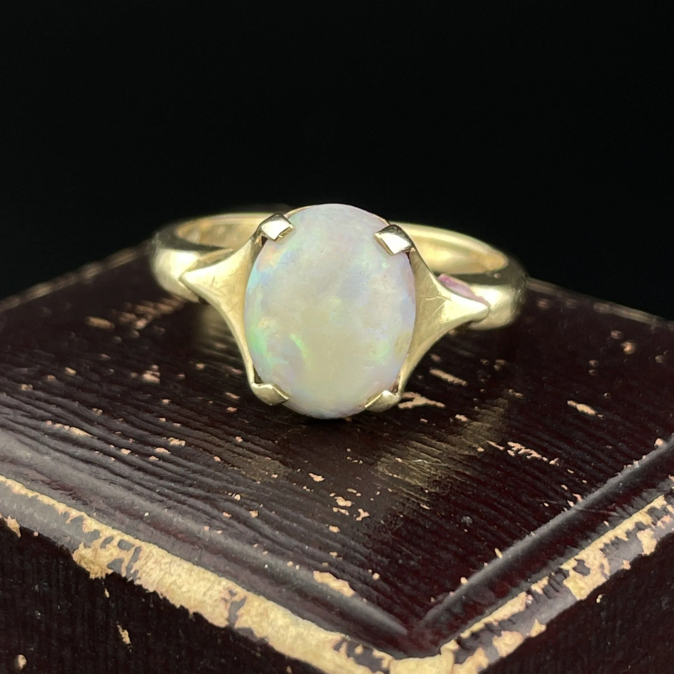 Antique 10K Gold Opal Solitaire October Birthstone Cocktail Ring, Sz 5 1/4