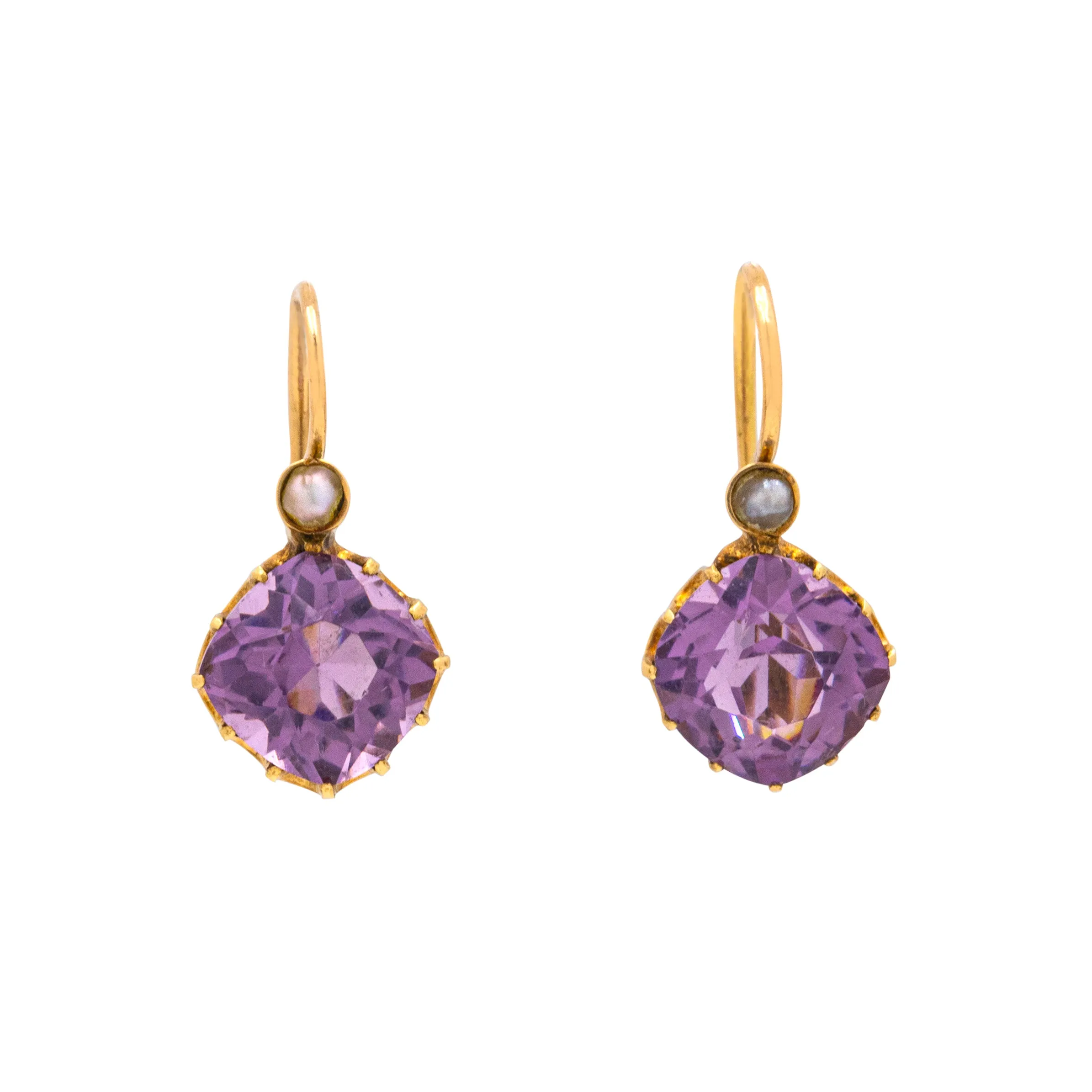 Antique 15ct Gold Amethyst Pearl Dormeuse Earrings, 4.28ct