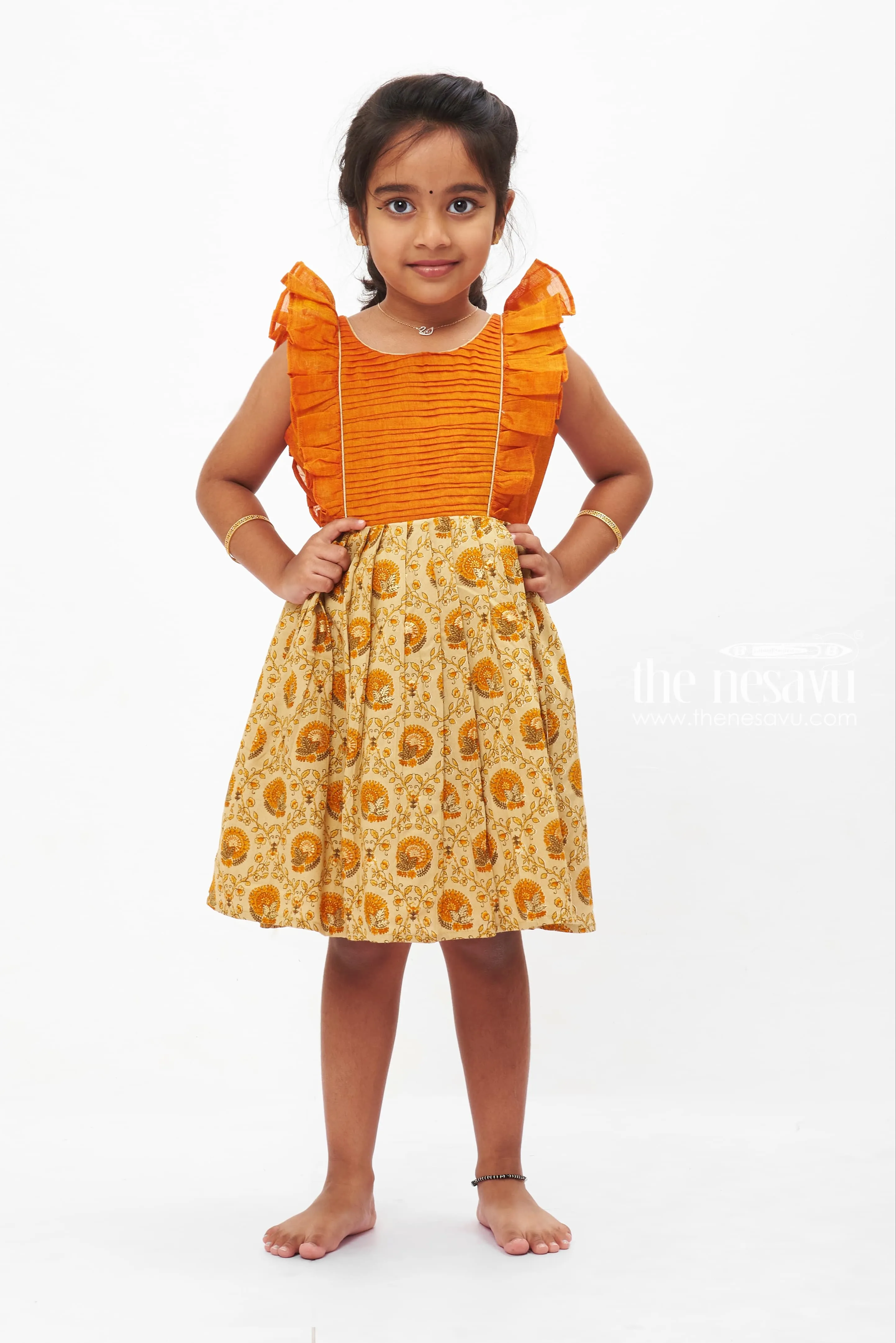 Autumn Orange Pleated Frock with Beige Paisley Print for Girls