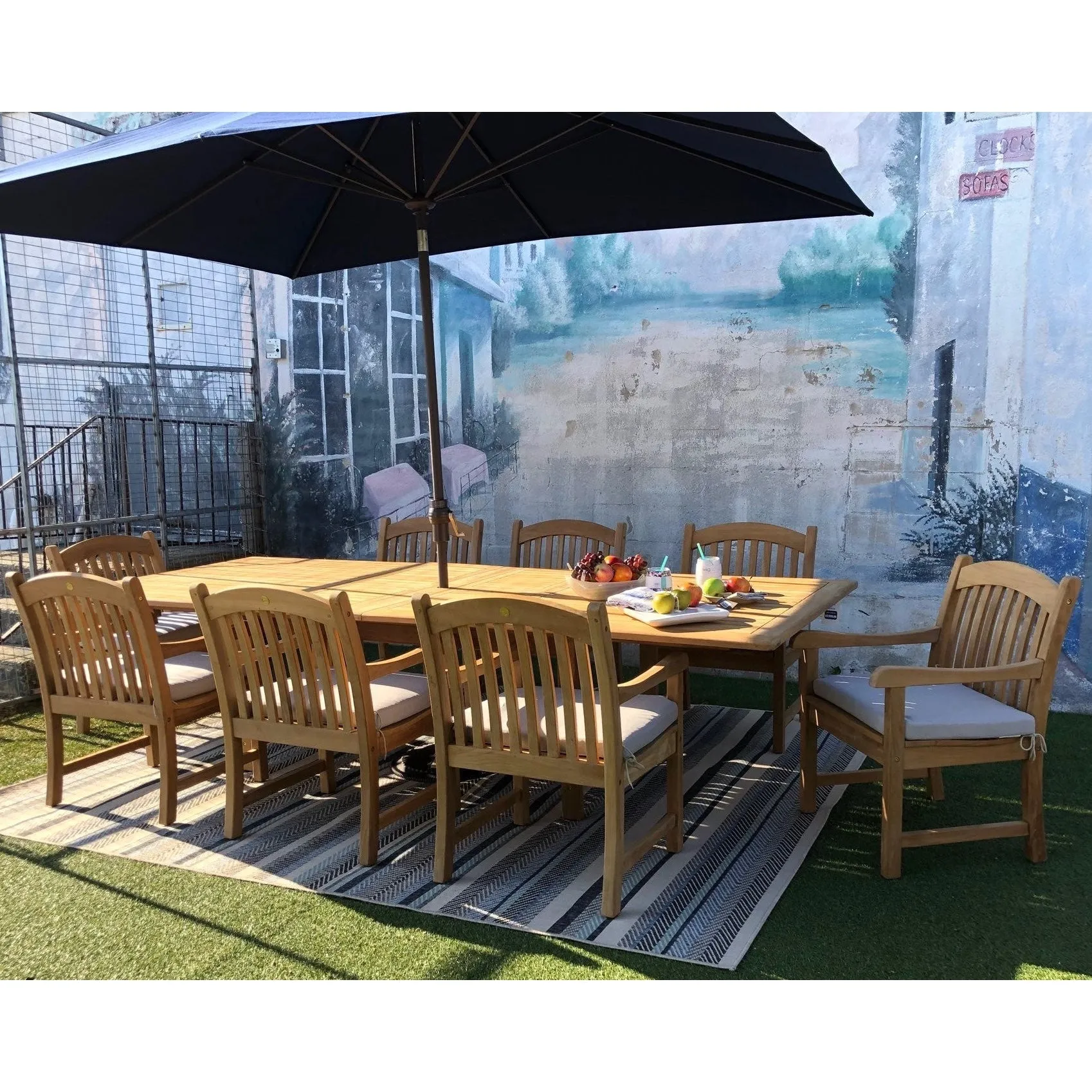 Bali Teak 7pc Outdoor Dining Set (Teak Rectangular Extendable Table 70-94" with 6 Teak Tista Armchairs  FREE Cushions)