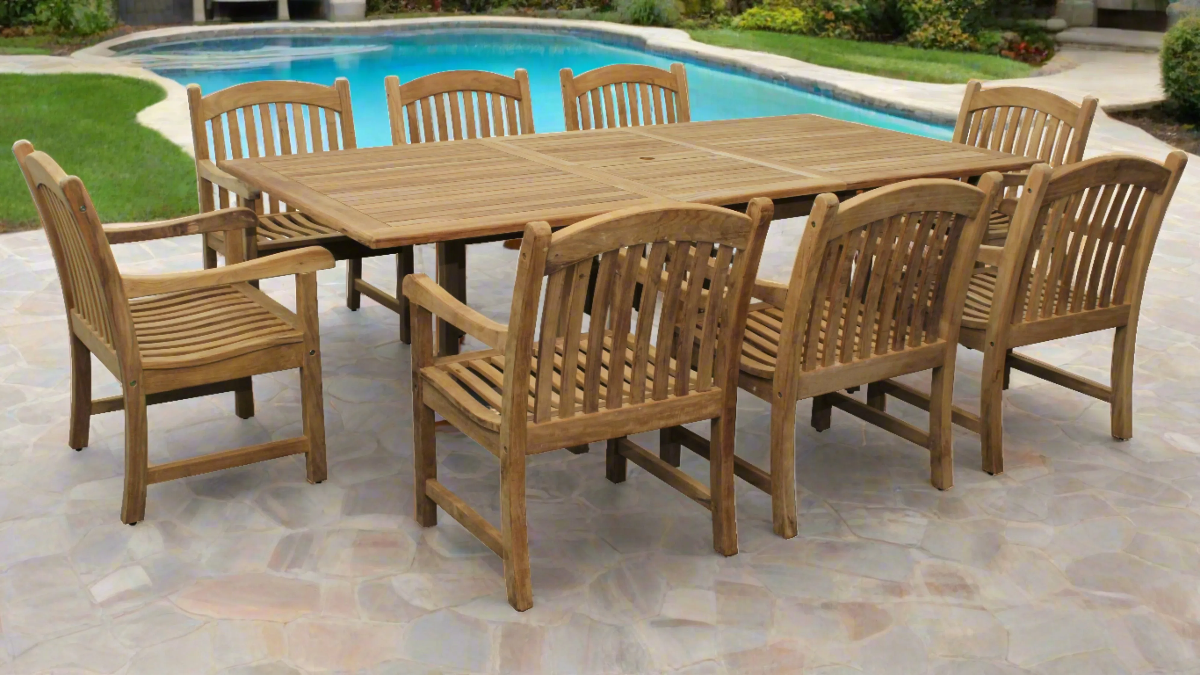 Bali Teak 7pc Outdoor Dining Set (Teak Rectangular Extendable Table 70-94" with 6 Teak Tista Armchairs  FREE Cushions)