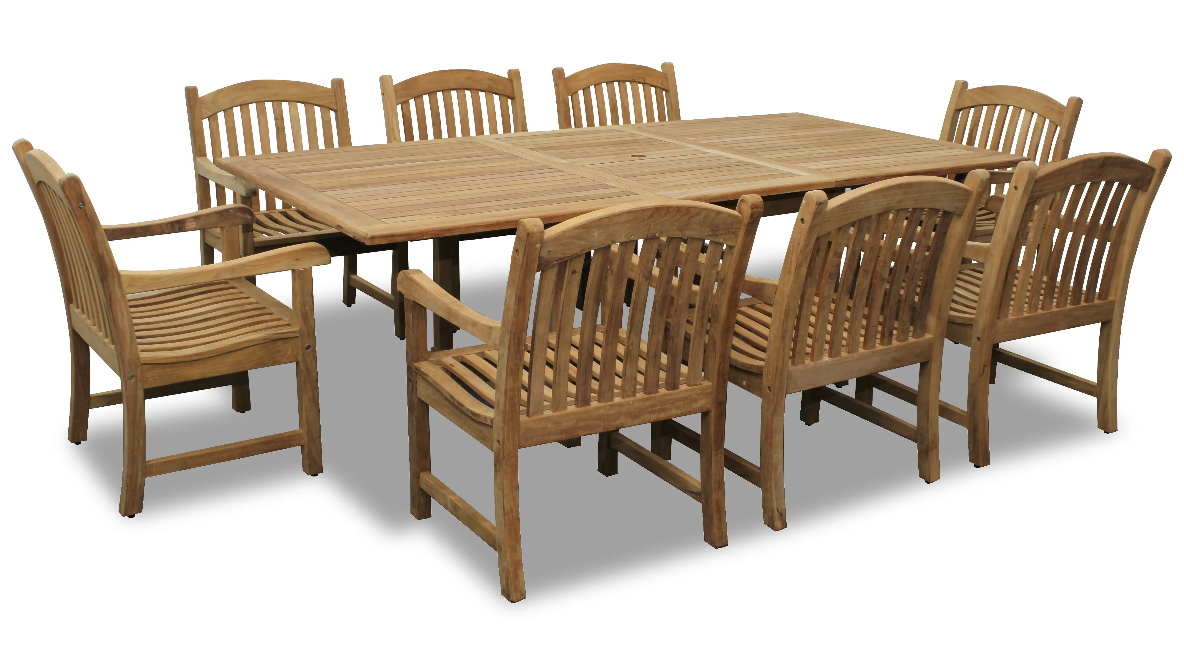 Bali Teak 7pc Outdoor Dining Set (Teak Rectangular Extendable Table 70-94" with 6 Teak Tista Armchairs  FREE Cushions)