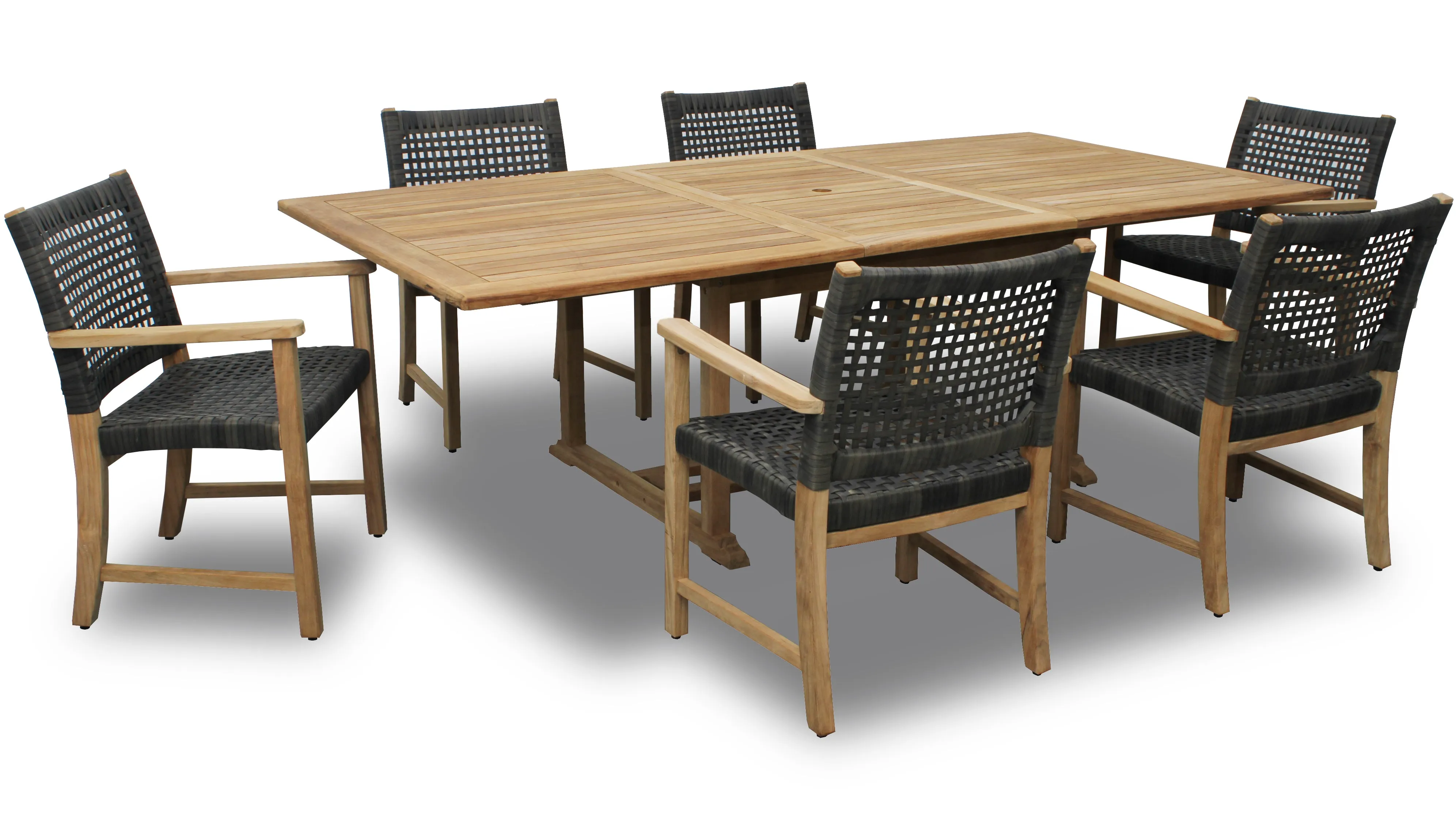 Bali Teak 7pc Outdoor Dining Set (Teak Rectangular Extendable Table 70-94" with 6 Woven Sanur Armchairs)