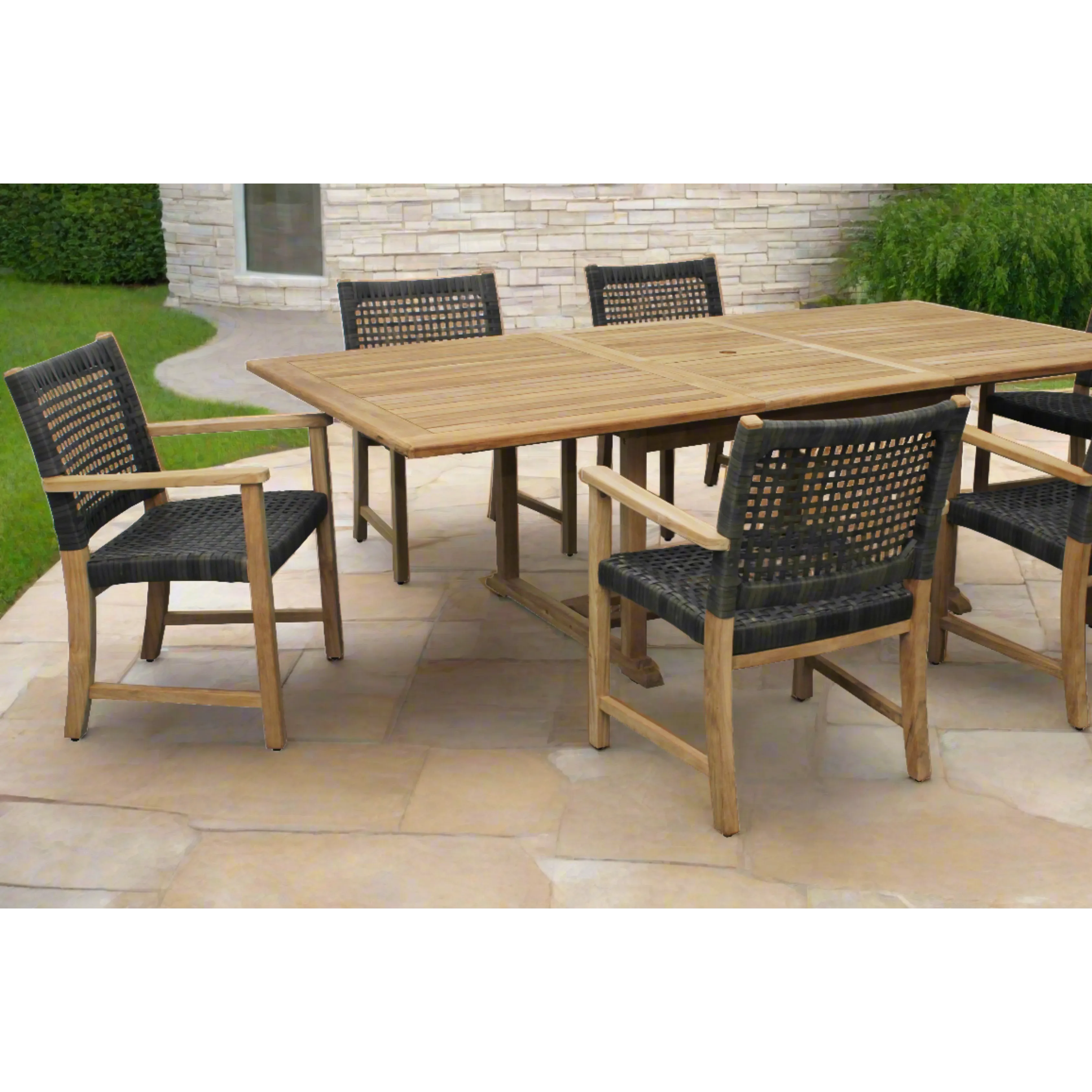 Bali Teak 7pc Outdoor Dining Set (Teak Rectangular Extendable Table 70-94" with 6 Woven Sanur Armchairs)