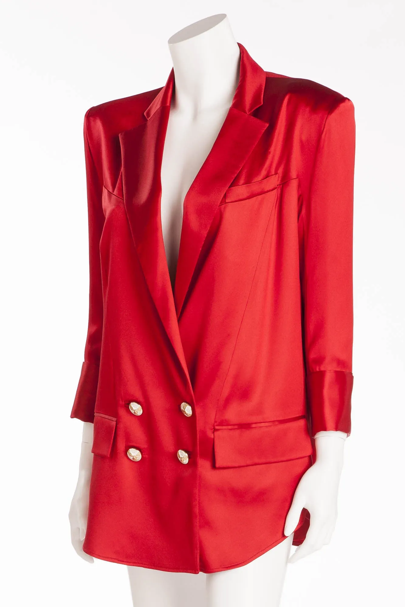 Balmain - New with Tags Red Silk Blazer with Gold Buttons - FR 40