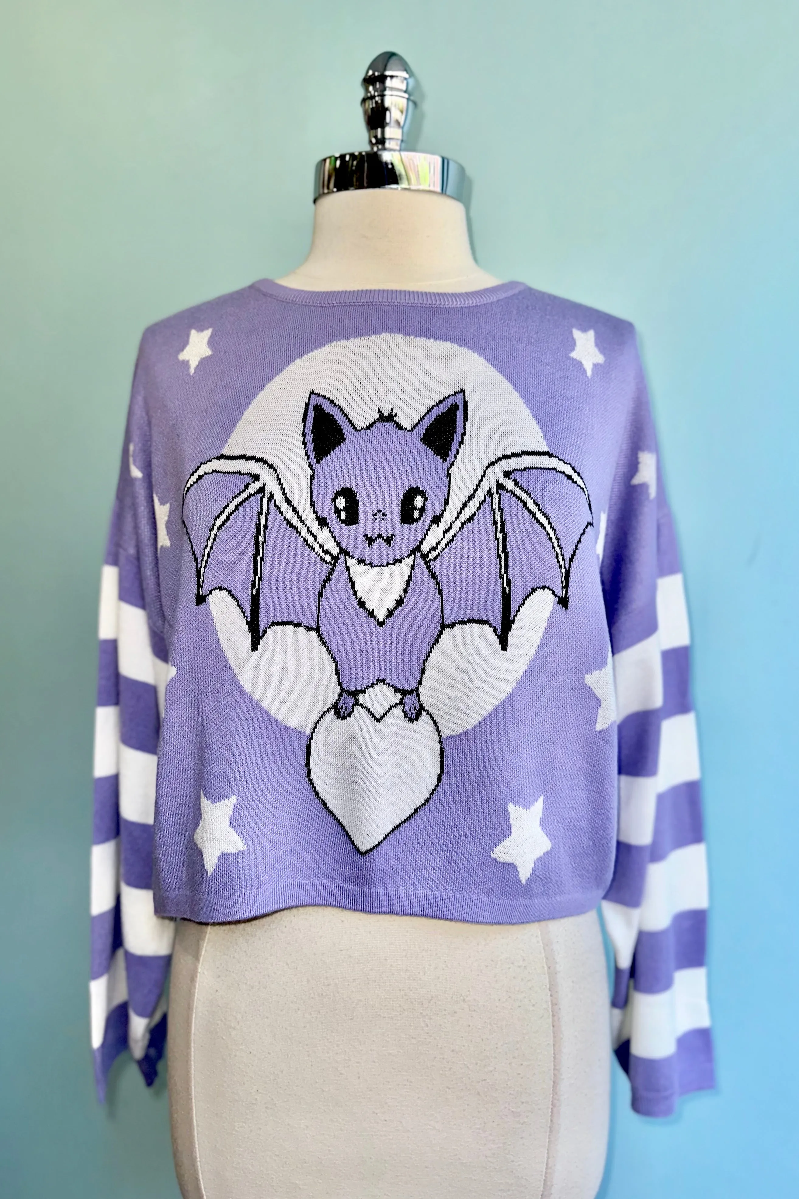 Bat Purple Cropped Striped Sleeve Kamiko Sweater by Banned