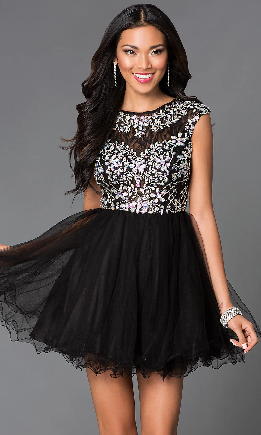 Beaded-Bodice Short Babydoll Homecoming Dress