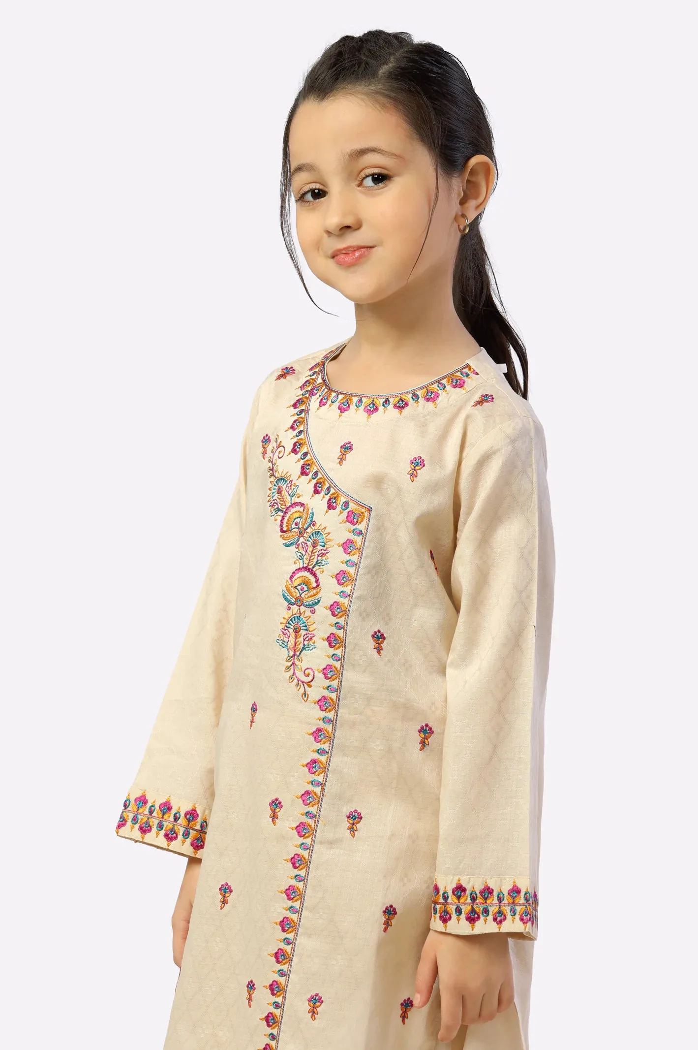 Beige Embroidered Girls Kurti