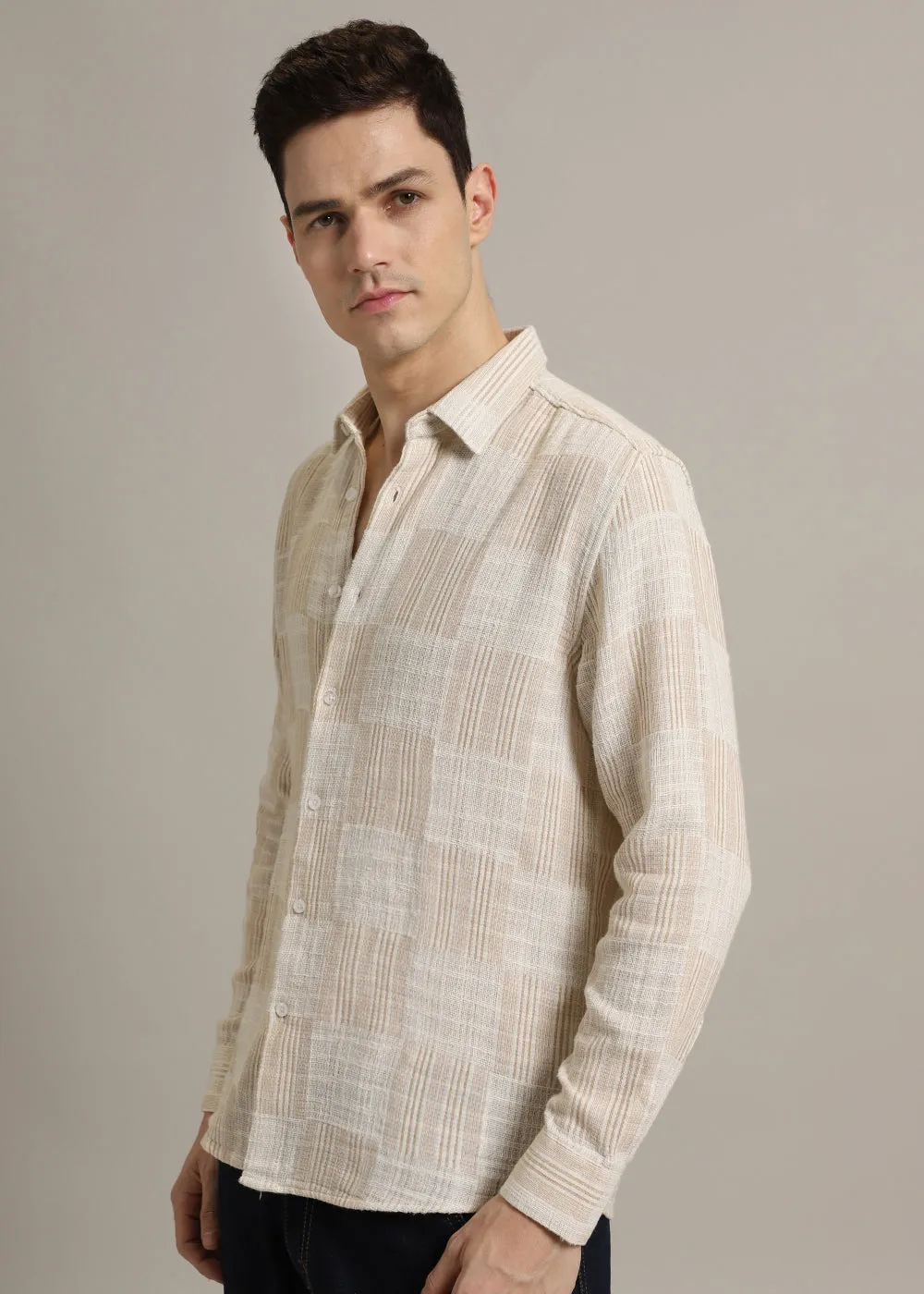 Beige Pin Check Textured Shirt