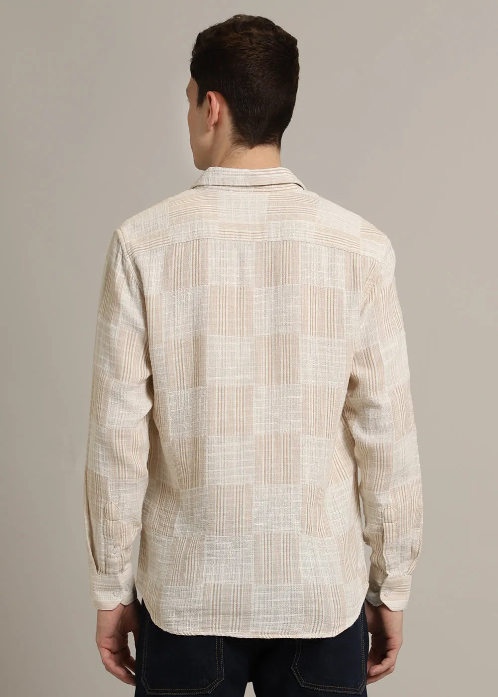 Beige Pin Check Textured Shirt