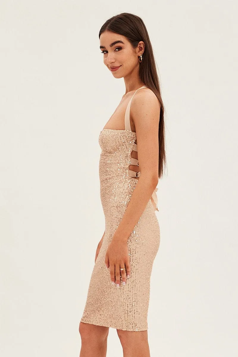 Beige Sequin Bodycon Party Dress