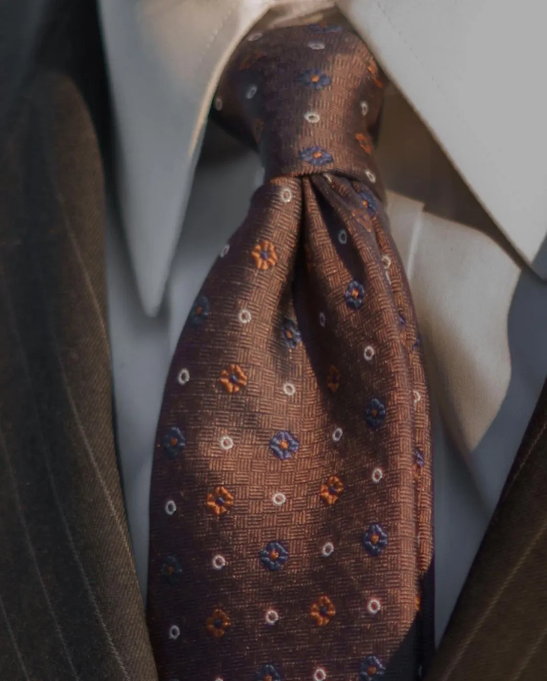 Bennington Foulard Silk Tie, Brown / Navy / Orange