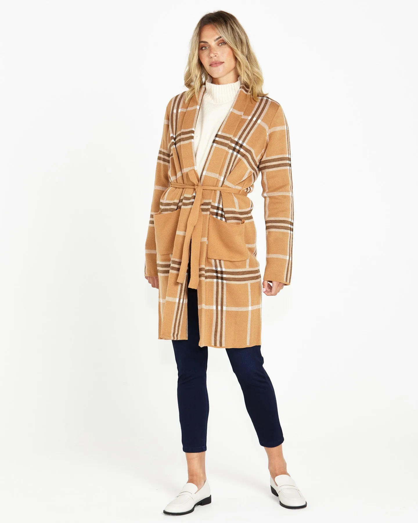 Betty Basics Hampshire Cardigan Beige Plaid