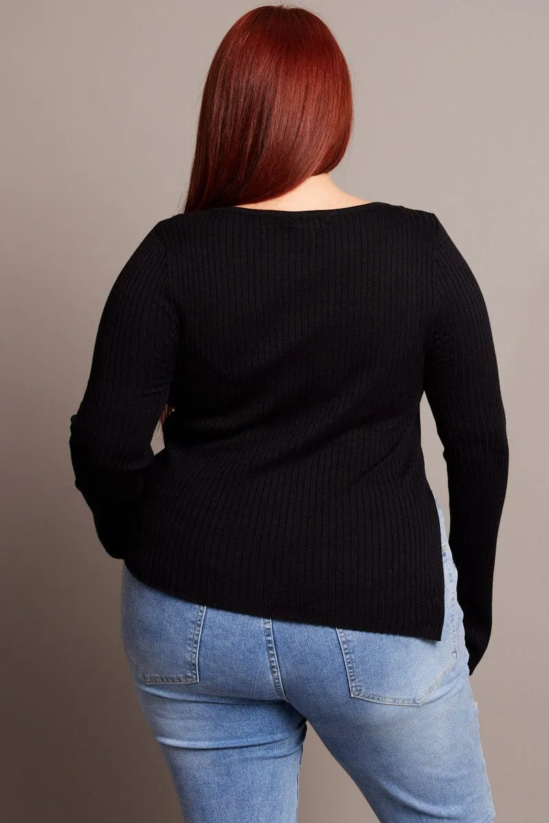 Black Asymmetric Knit Top Long Sleeve Boat Neck