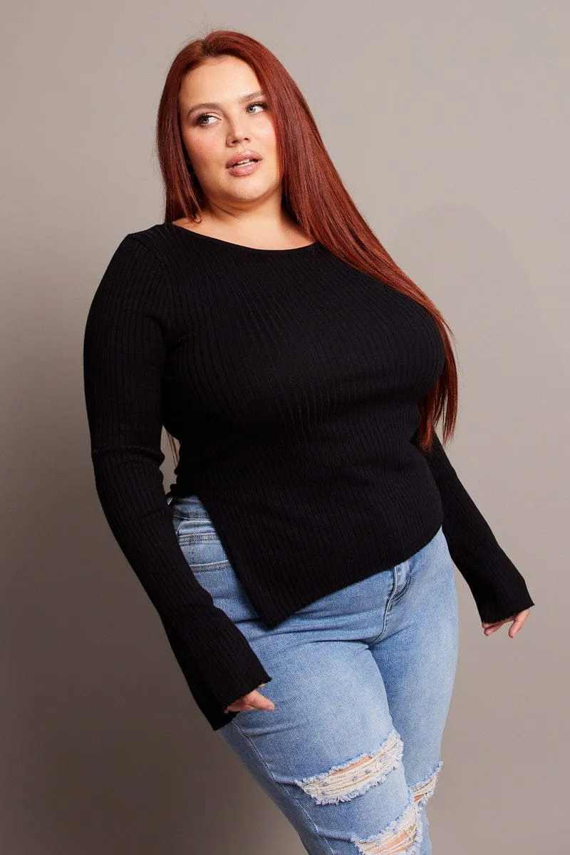 Black Asymmetric Knit Top Long Sleeve Boat Neck