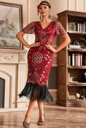 Black Golden V Neck Fringe 1920s Gatsby Dress With Sequins