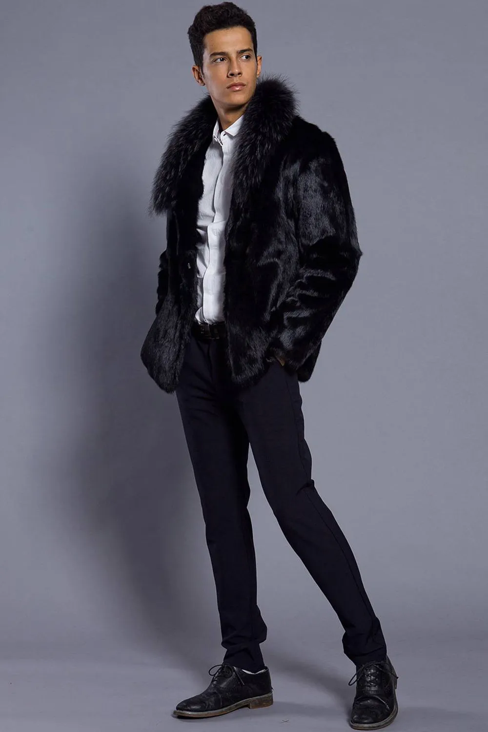 Black Lapel Neck Cropped Faux Fur Men Coat