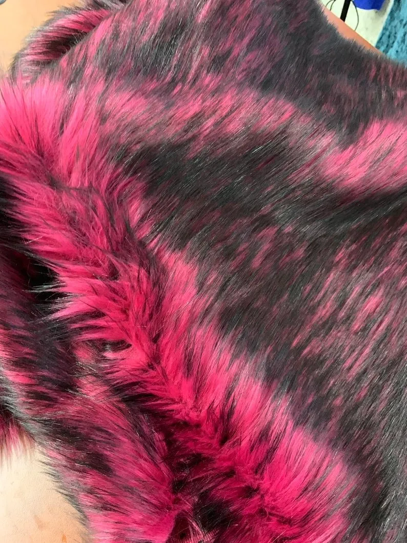 Black / Pink Thick Heavy Fake Animal Fur Shaggy Long Pile 60" Width Faux Fur Fabric