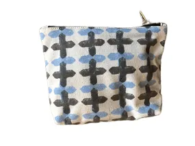 blue and grey cross block printed coin pouch