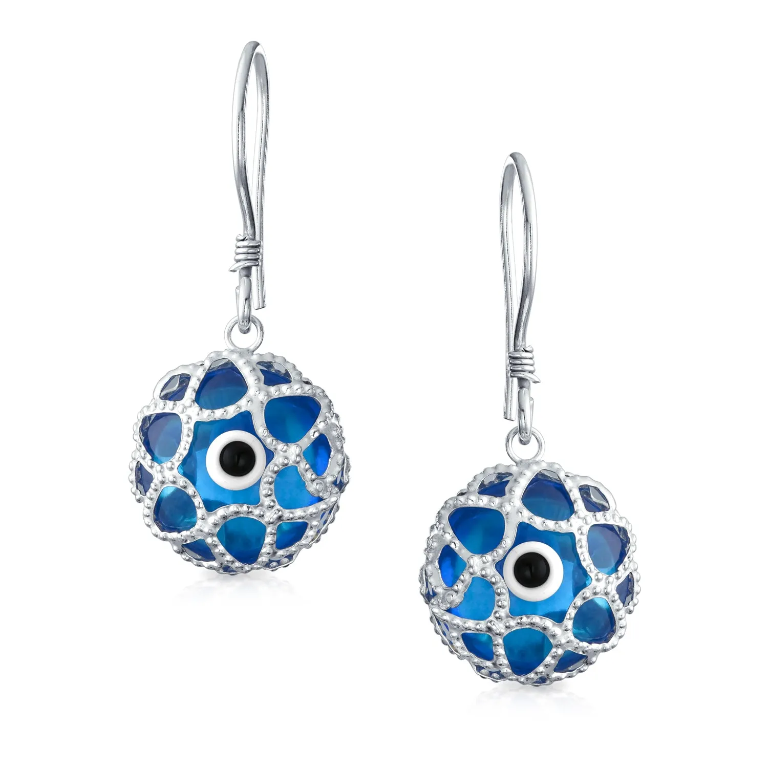 Blue Evil Eye Spiritual Drop Earrings Murano Glass Sterling Silver