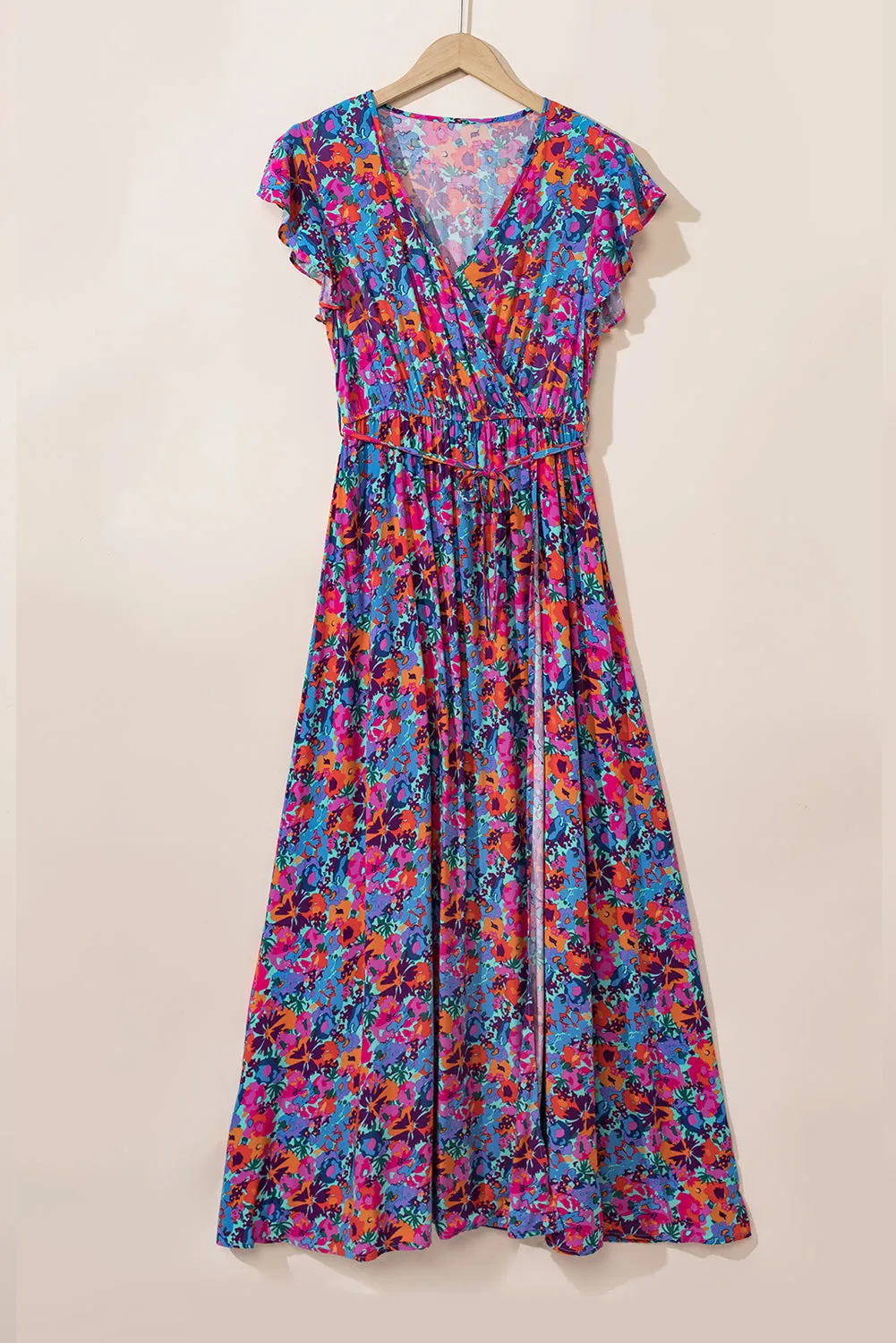 Blue Floral Print V Neck Wrap Split Maxi Dress