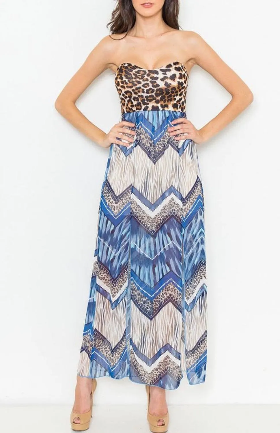 Blue Sweetheart Animal Print Double Layer Maxi Dress U.S.A