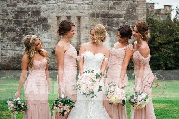 Blush Pink Pleating Tulle Mismatched Mermaid Bridesmaid Dresses. AB1202