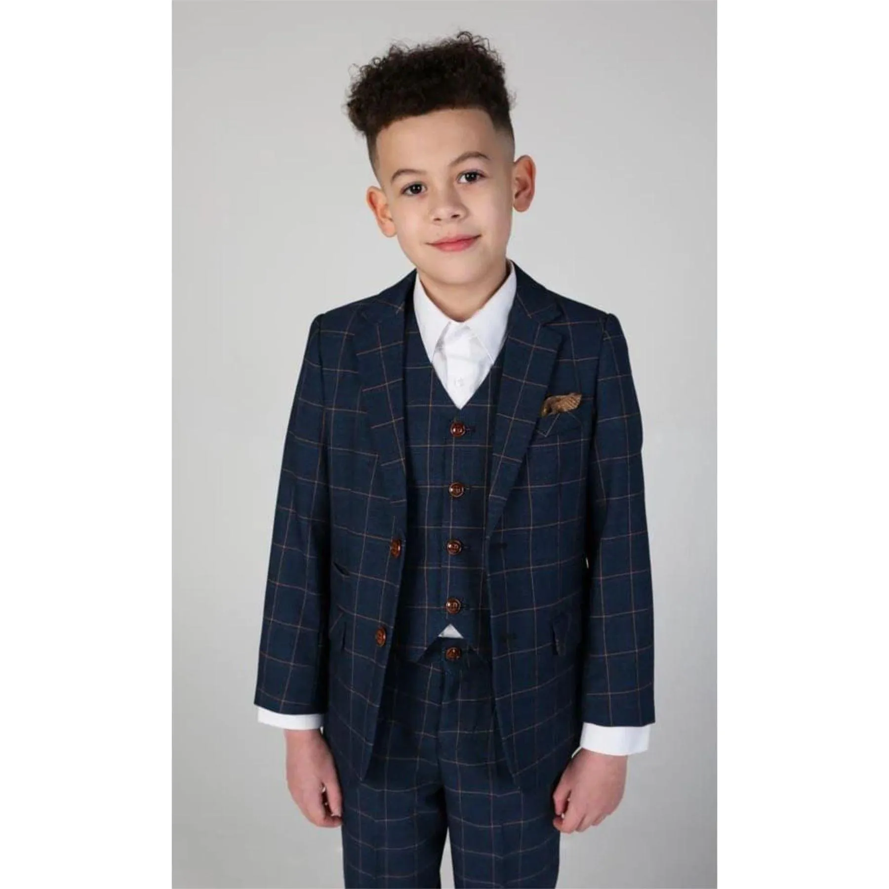 Boys 3 Piece Suit Blue Orange Check