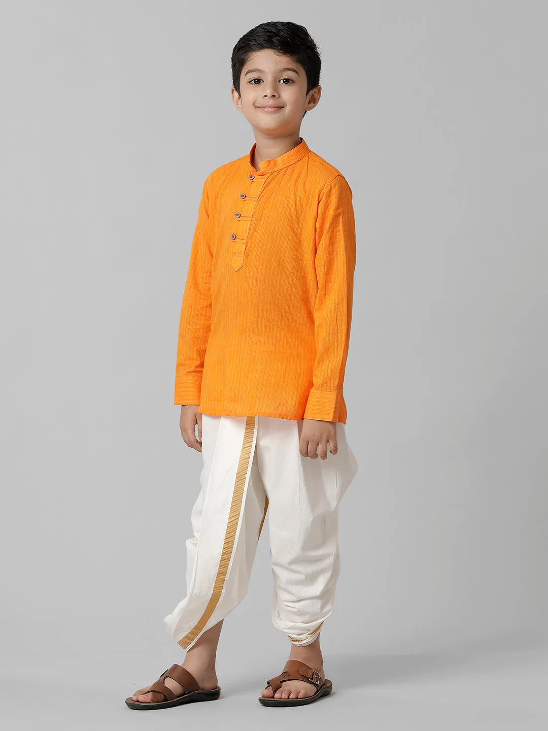 Boys Breeze Cotton Orange Kurta with Cream Elastic Panchakacham Combo COT5