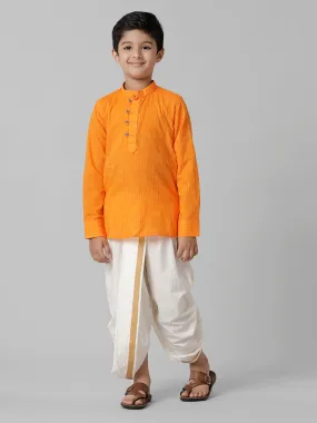 Boys Breeze Cotton Orange Kurta with Cream Elastic Panchakacham Combo COT5