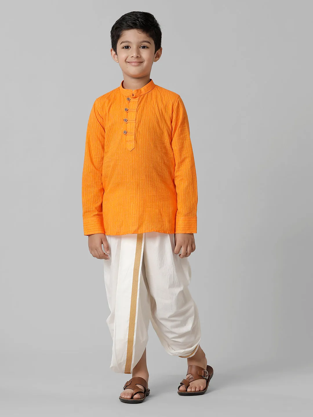 Boys Breeze Cotton Orange Kurta with Cream Elastic Panchakacham Towel Combo COT5