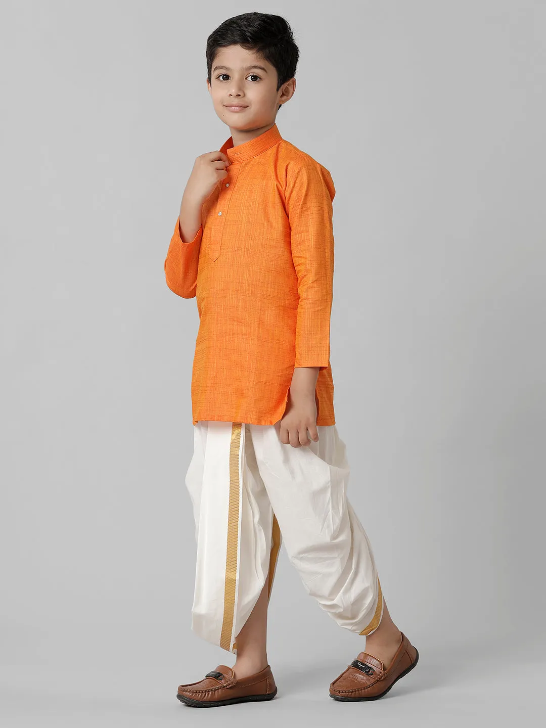 Boys Cotton Orange Kurta with Cream Elastic Panchakacham Combo FS3