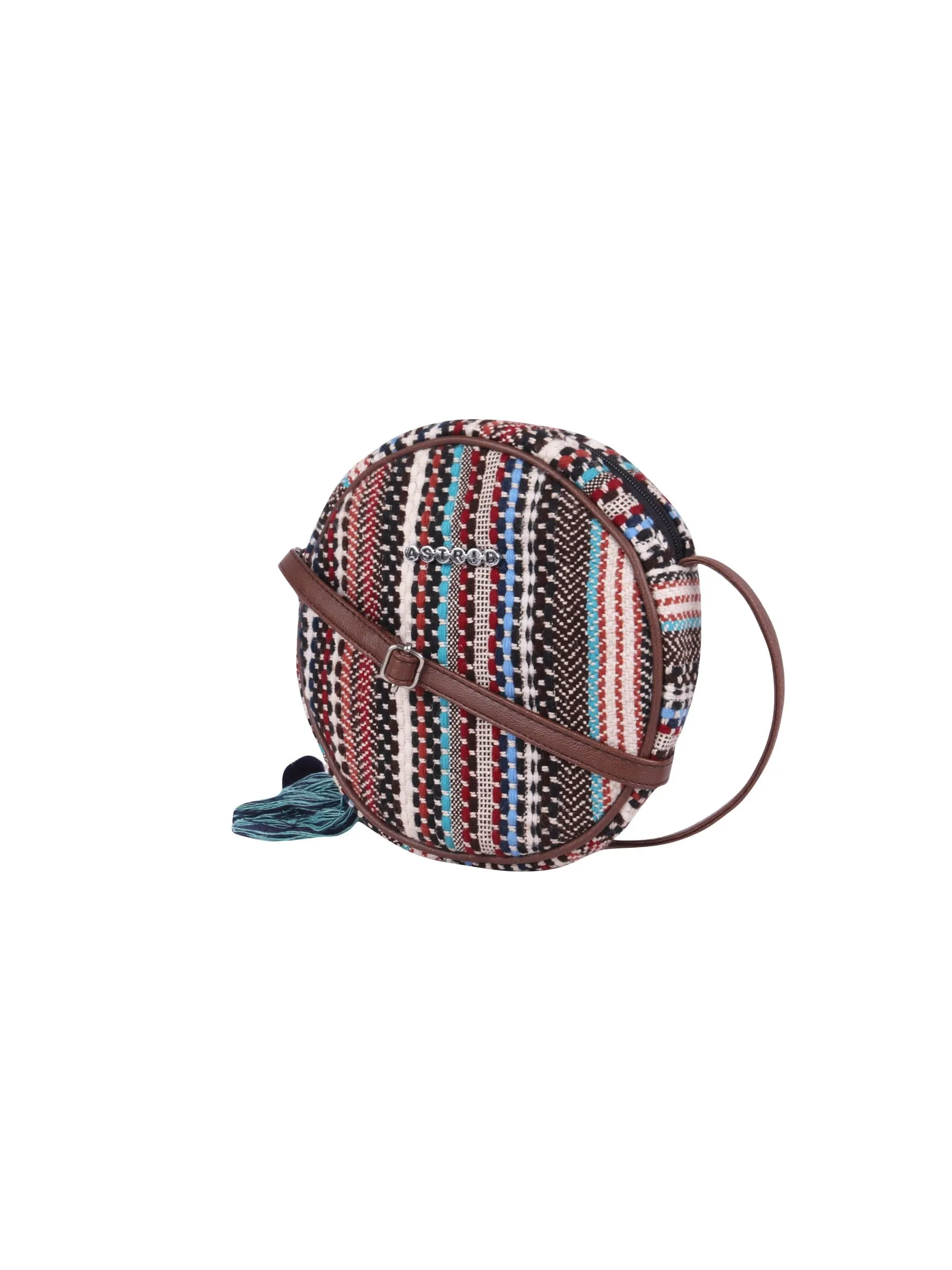 Brown Jacquard Sling Bag With Pompoms