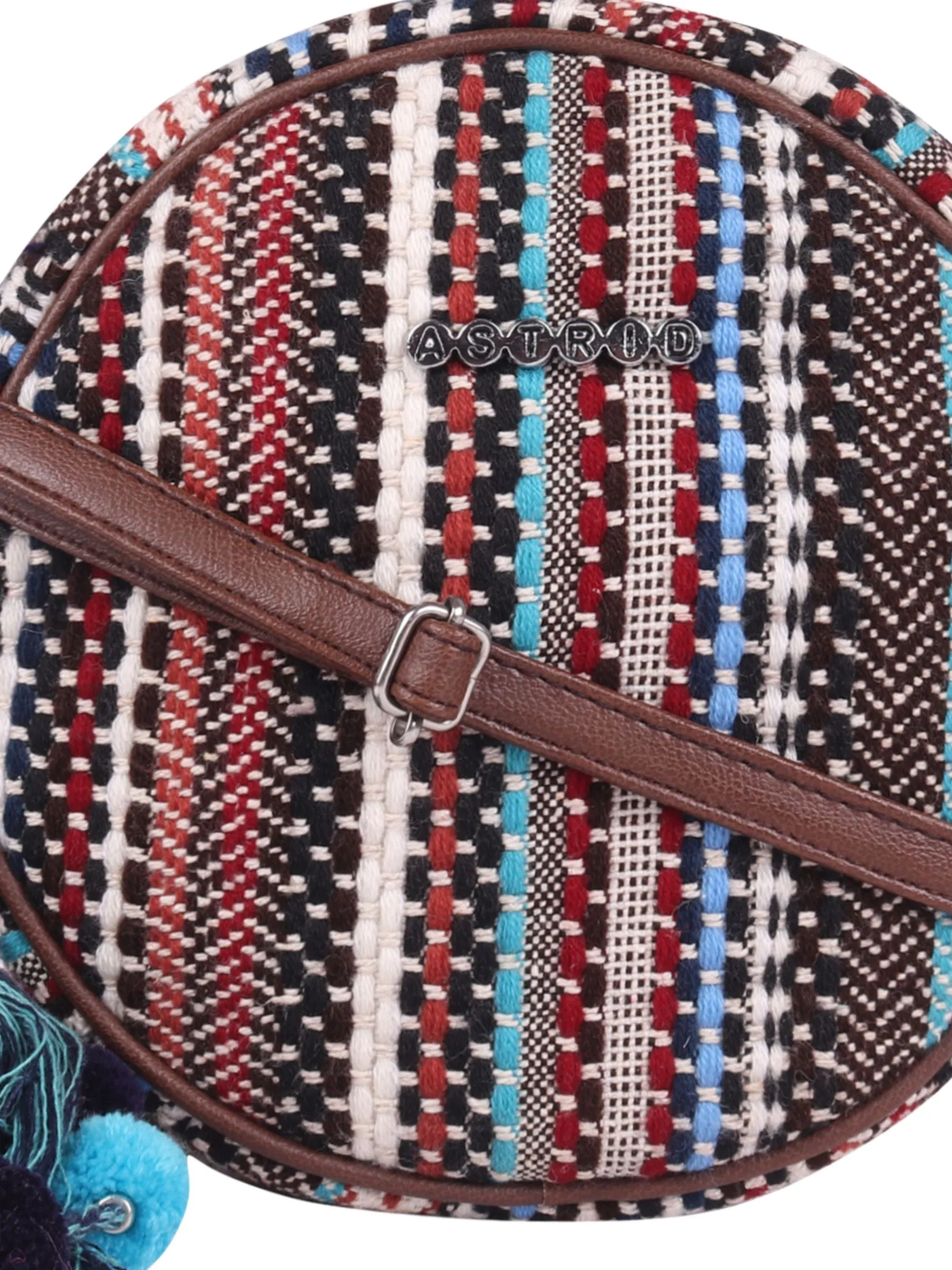 Brown Jacquard Sling Bag With Pompoms