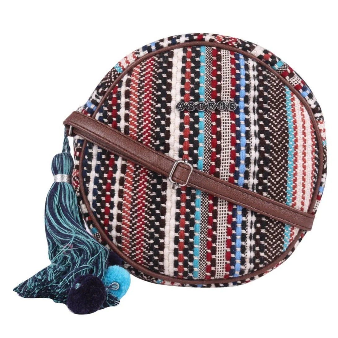 Brown Jacquard Sling Bag With Pompoms