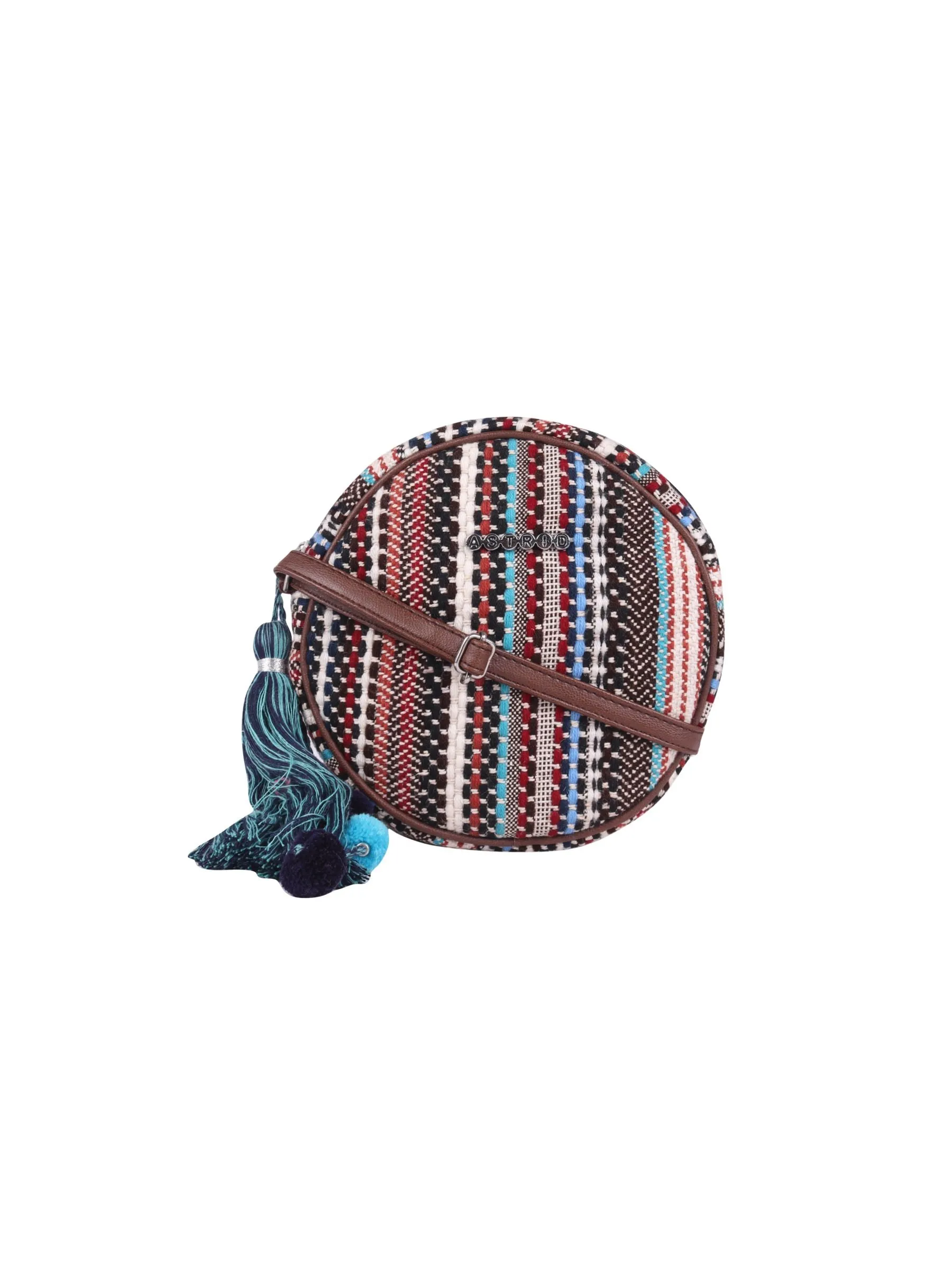 Brown Jacquard Sling Bag With Pompoms