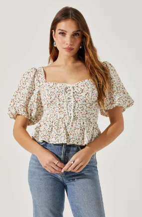 Bubble Sleeve Front Tie Floral Top