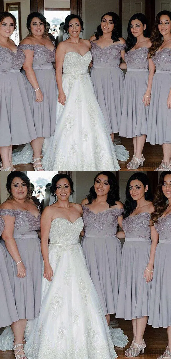 Cap Sleeve Off Shoulder Tea Length Chiffon Lace Grey On Sale Short Young Bridesmaid Dresses, WG134