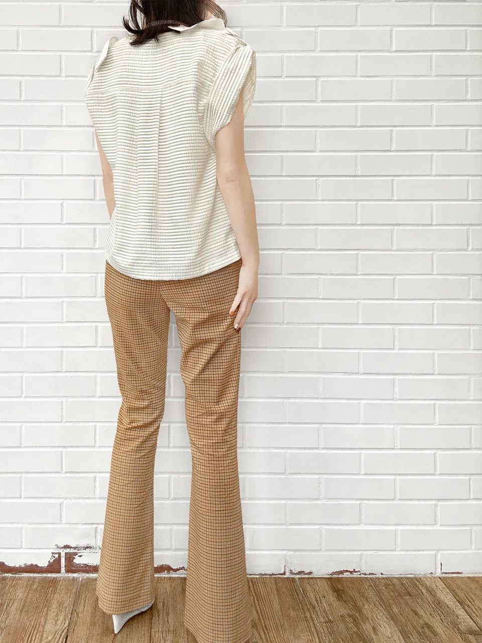 Caramel Check Plaid Flare Leg Stretch Cotton Blend Pants