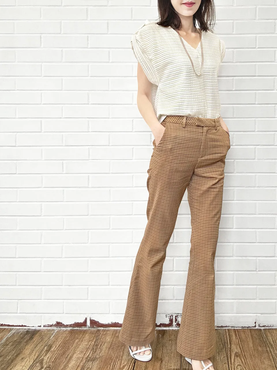 Caramel Check Plaid Flare Leg Stretch Cotton Blend Pants