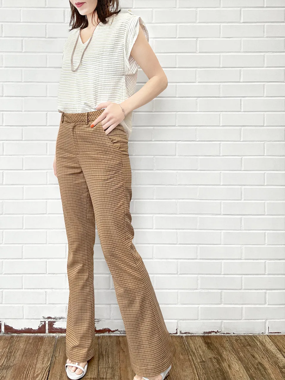 Caramel Check Plaid Flare Leg Stretch Cotton Blend Pants