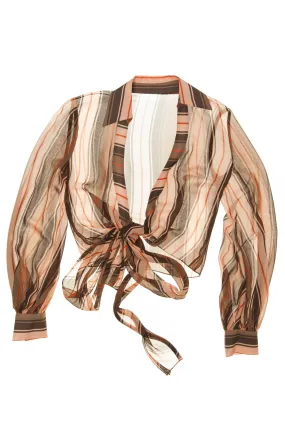 Caroline Herrera - Peach Brown Stripe Chiffon Tie Blouse -