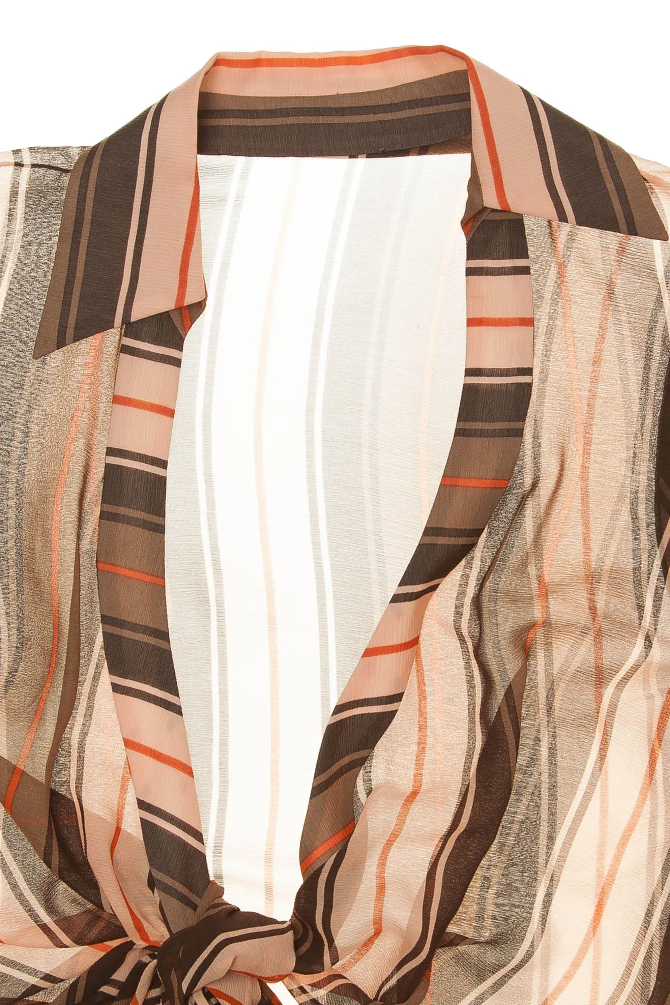 Caroline Herrera - Peach Brown Stripe Chiffon Tie Blouse -